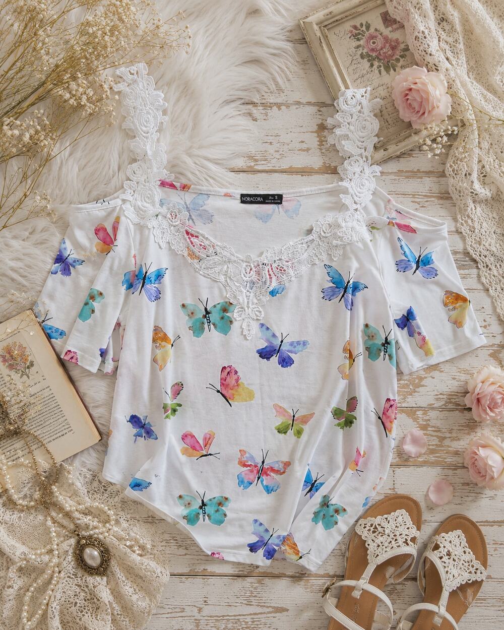Noracora Cold Shoulder Blouse With Butterflies Size S